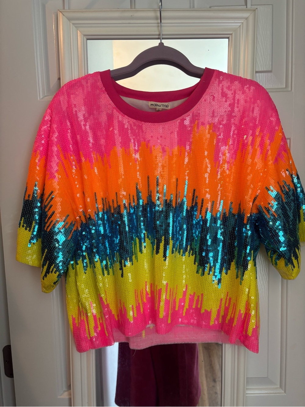 Main Strip Hot Pink Multicolor Sequin Short Sleeve Top